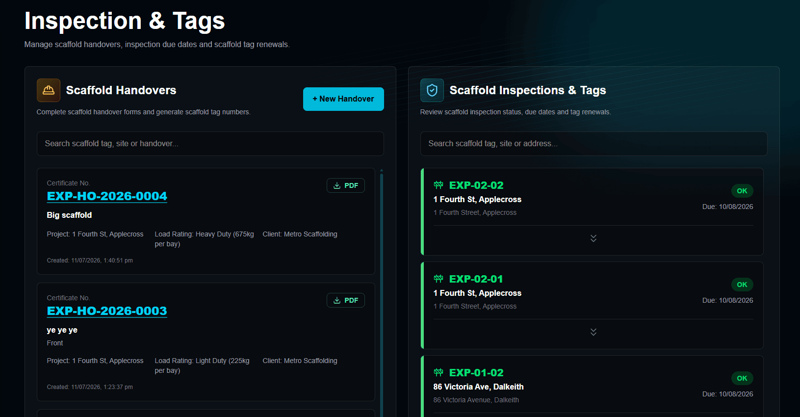 CrewGrid scaffold inspections and tag tracking interface